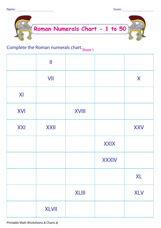 Roman Numerals Chart 1-50 printable pdf download