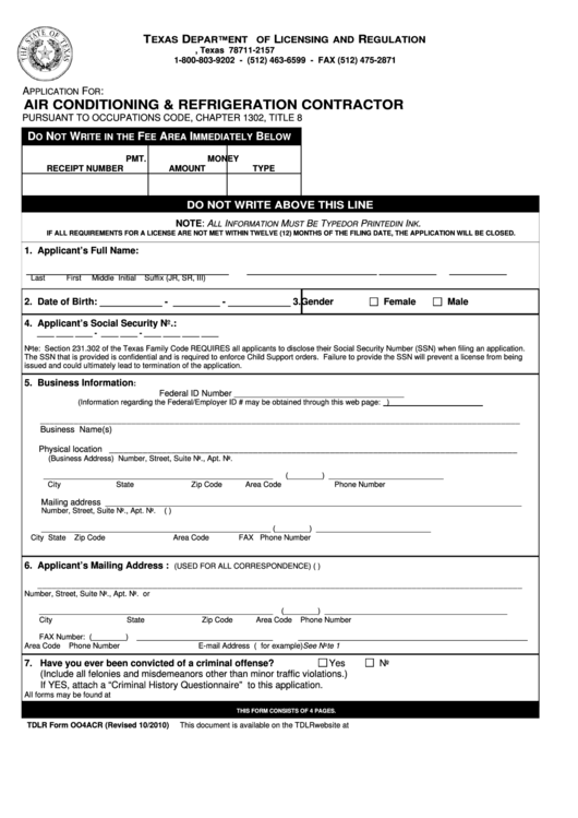 Tdlr Form Oo4acr Air Conditioning & Refrigeration Contractor Template
