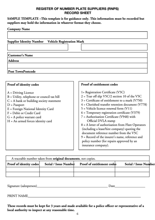 Register Of Number Plate Suppliers Record Sheet printable pdf download
