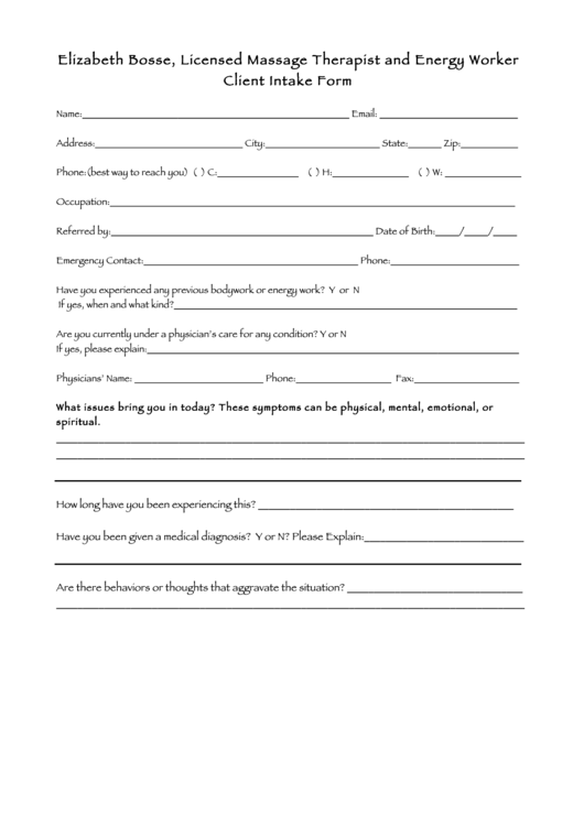 Massage Client Intake Form printable pdf download