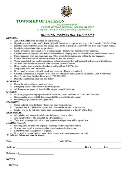 Housing Inspection Checklist printable pdf download