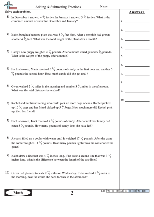 Adding And Subtracting Fractions Worksheet With Answer Key printable