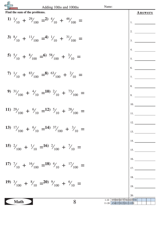 Adding 10ths And 100ths Worksheet With Answer Key printable pdf download