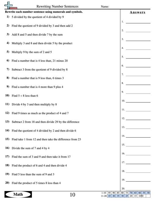 Rewriting Number Sentences Worksheet With Answer Key printable pdf download