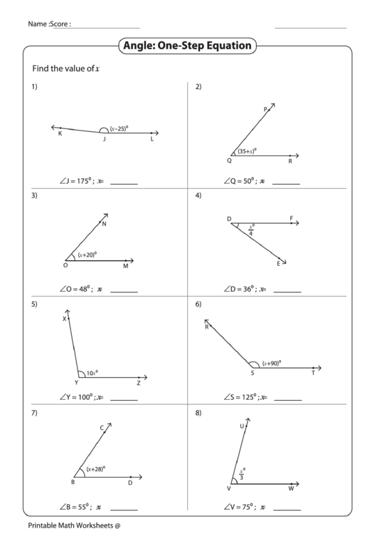 Angle OneStep Equation Worksheet printable pdf download