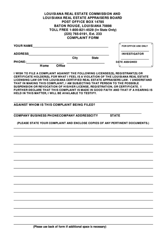 Louisiana Real Estate Appraisers Board Post Office Box printable pdf