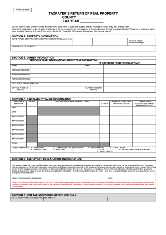 Fillable Form Pt50r Taxpayer'S Return Of Real Property printable pdf