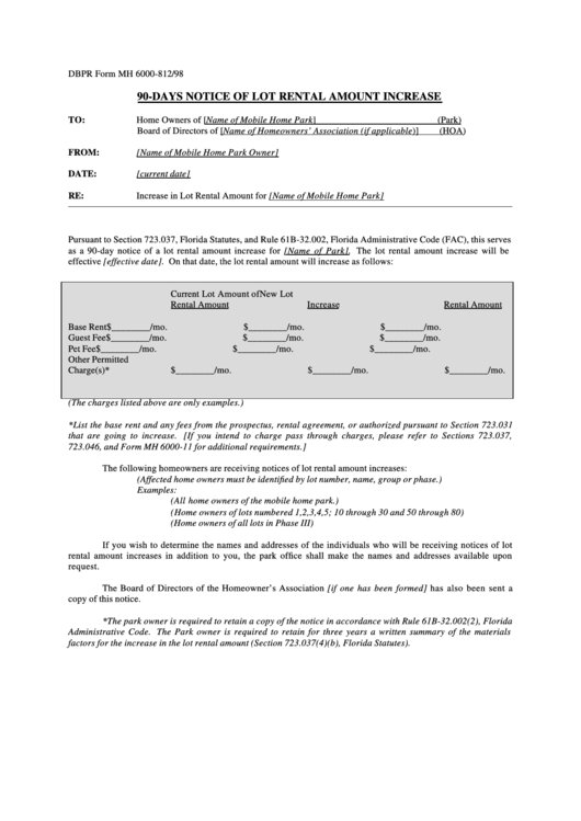90Days Notice Of Lot Rental Amount Increase printable pdf download