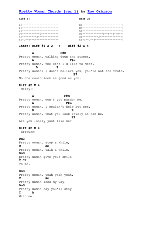 Pretty Woman Chords Chords printable pdf download