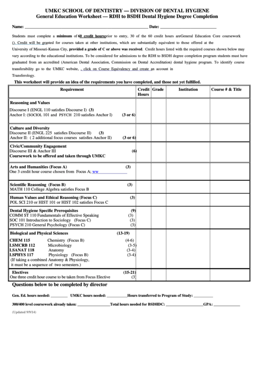 General Education Worksheet Rdh To Bsdh Dental Hygiene Degree Completion printable pdf download