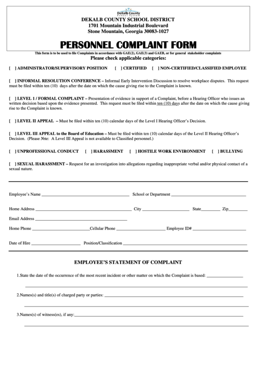 Personnel Harassment Complaint Form printable pdf download