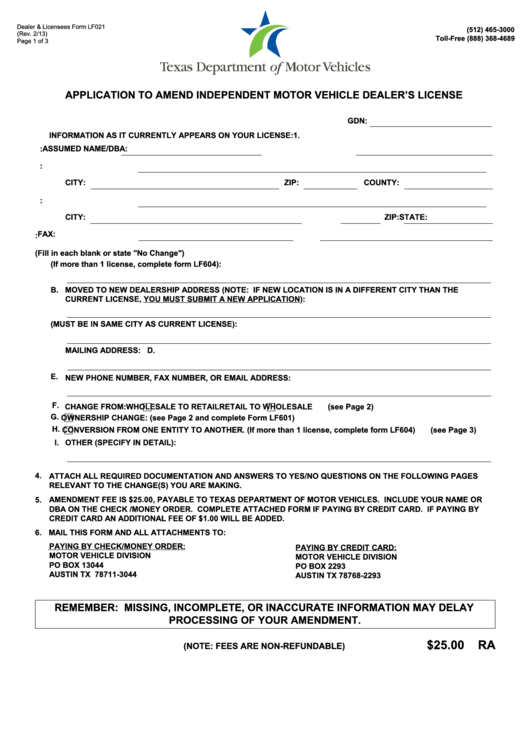 Fillable Form Lf021 Application To Amend Independent Motor Vehicle