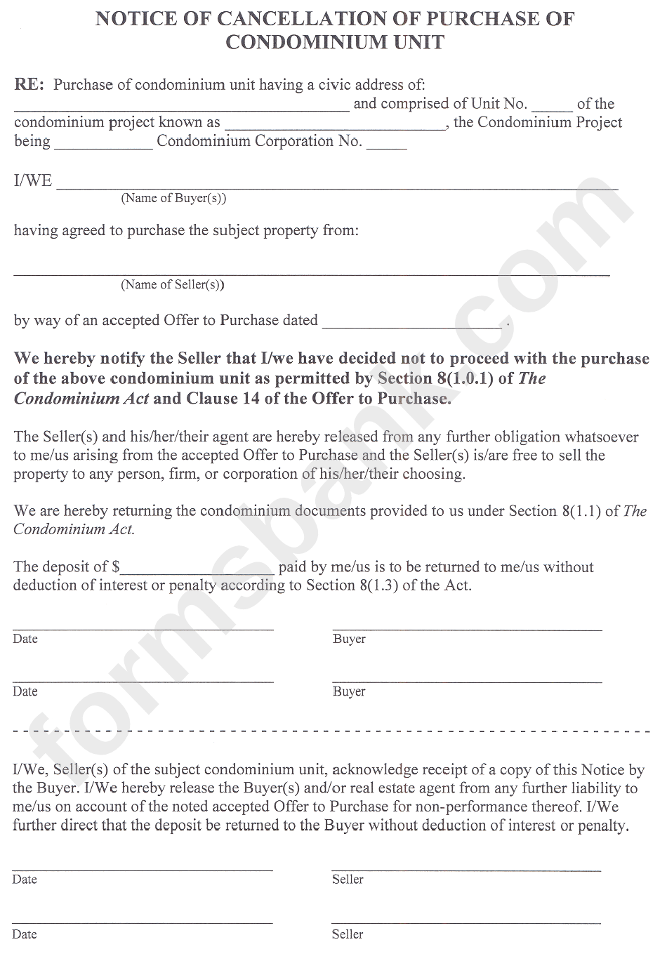 Notice Of Cancellation Of Purchase Of Condominium Unit printable pdf