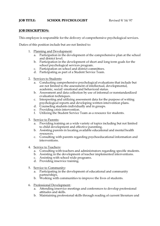School Psychologist Job Description printable pdf download