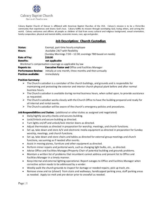 Calvary Baptist Church Job Description Church Custodian printable pdf