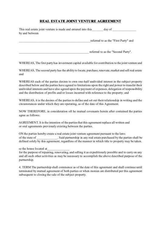 Real Estate Joint Venture Agreement printable pdf download