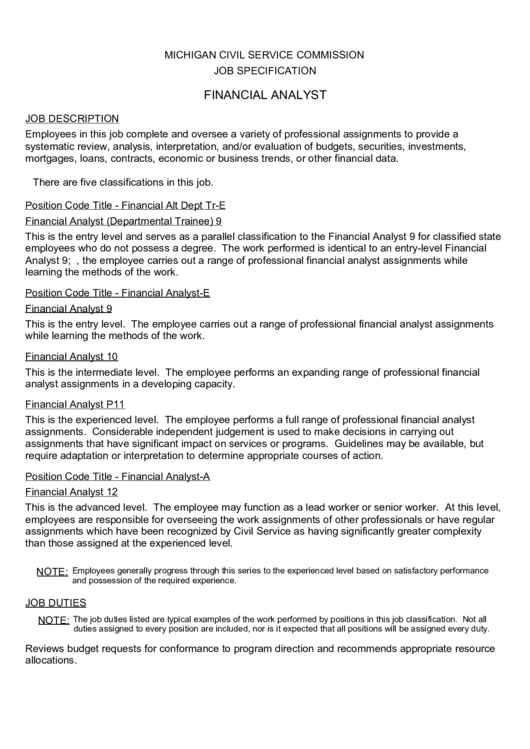 Michigan Civil Service Commission Job Specification Financial Analyst