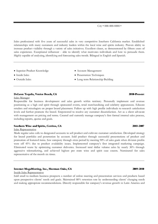 Wine And Spirits Sales Professional Sample Resume printable pdf download