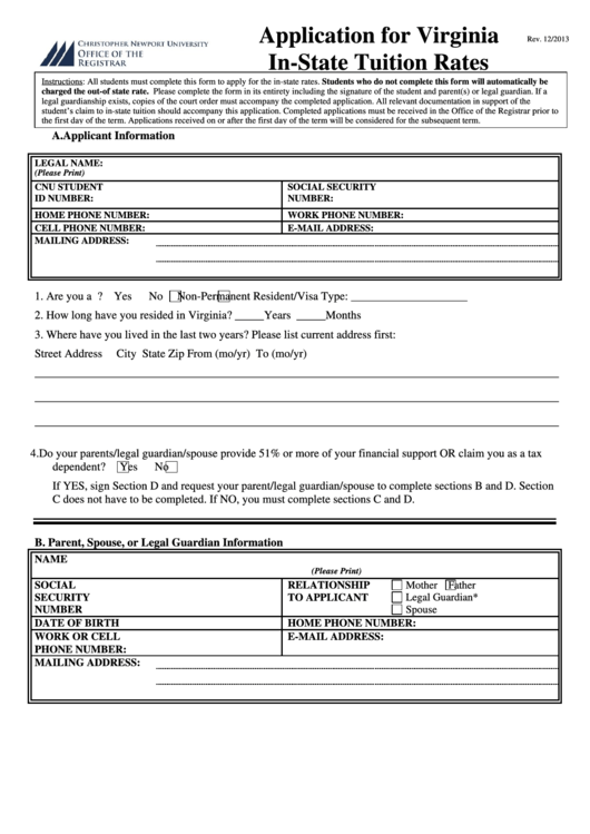 Application For Virginia Instate Tuition Rates printable pdf download