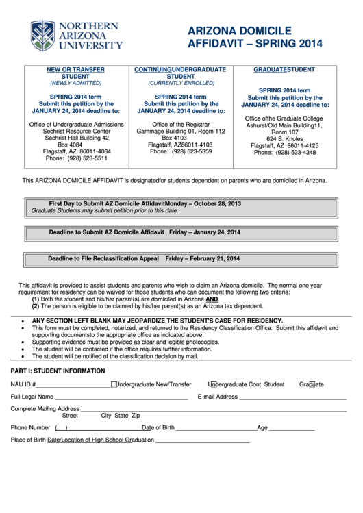 Arizona Domicile Affidavit printable pdf download