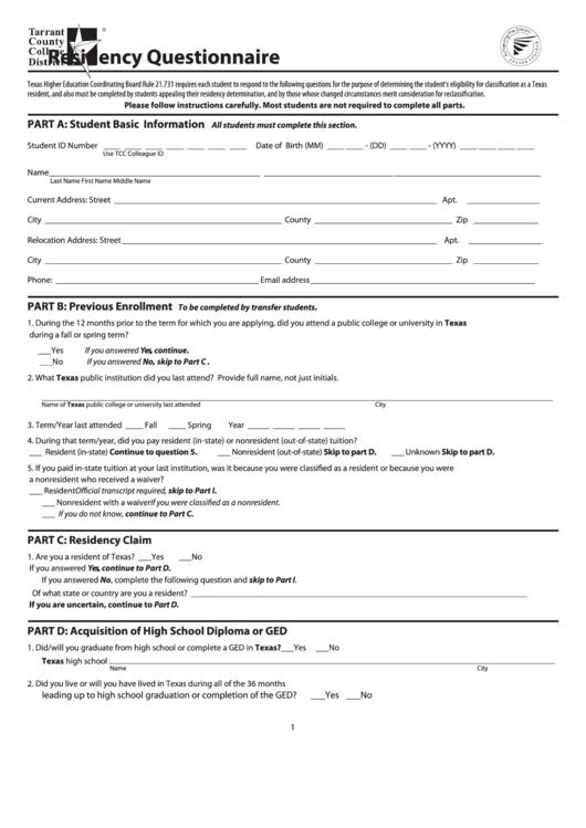 Residency Questionnaire Template printable pdf download