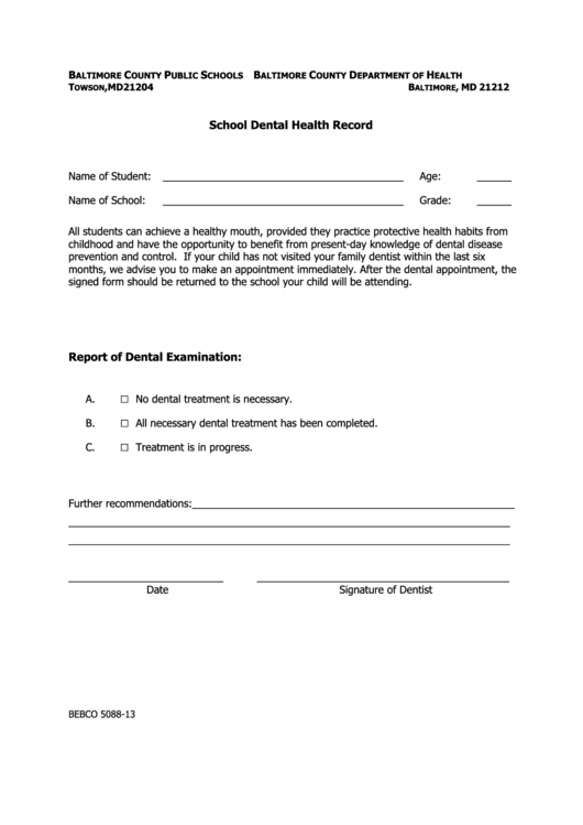 School Dental Health Record printable pdf download