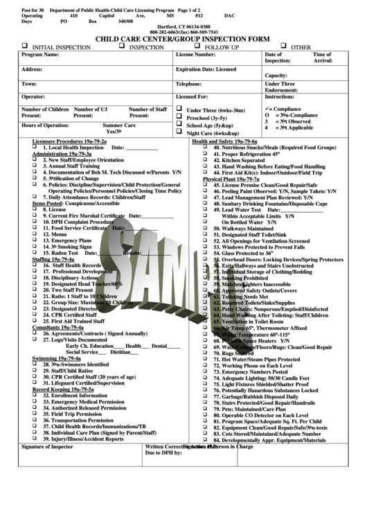 Child Care Center/group Inspection Form printable pdf download