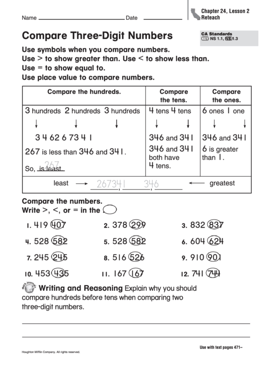 Compare Three-Digit Numbers Worksheet printable pdf download