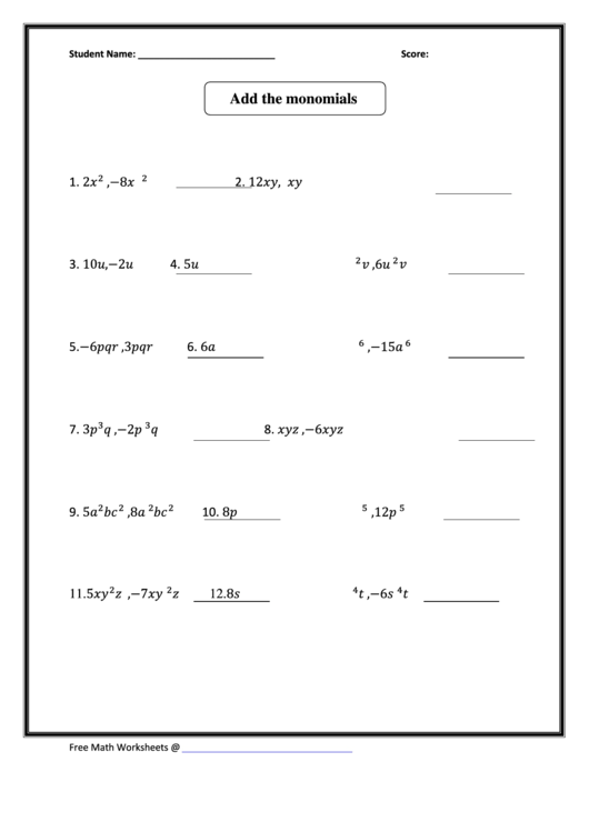 Add The Monomials printable pdf download