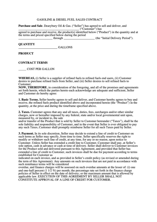 Gasoline & Diesel Fuel Sales Contract Template printable pdf download