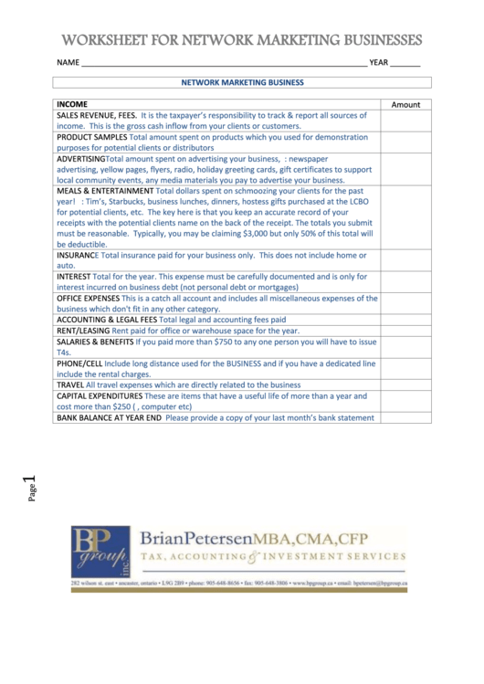 Worksheet For Network Marketing Businesses printable pdf download