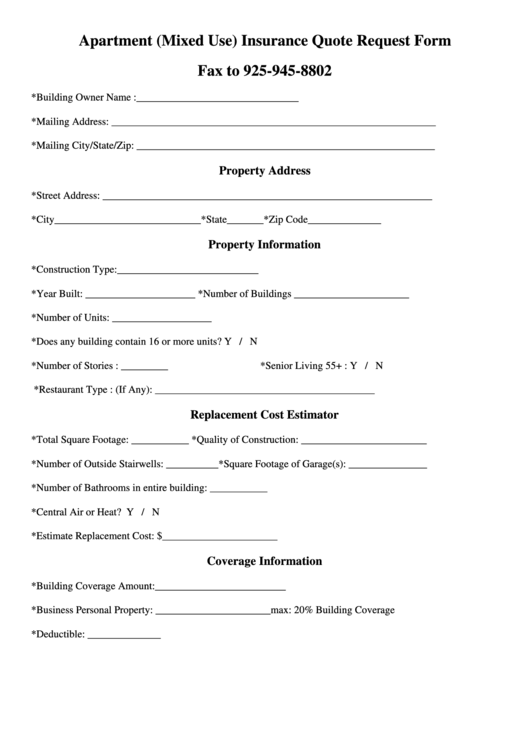 Apartment (Mixed Use) Insurance Quote Request Form printable pdf download