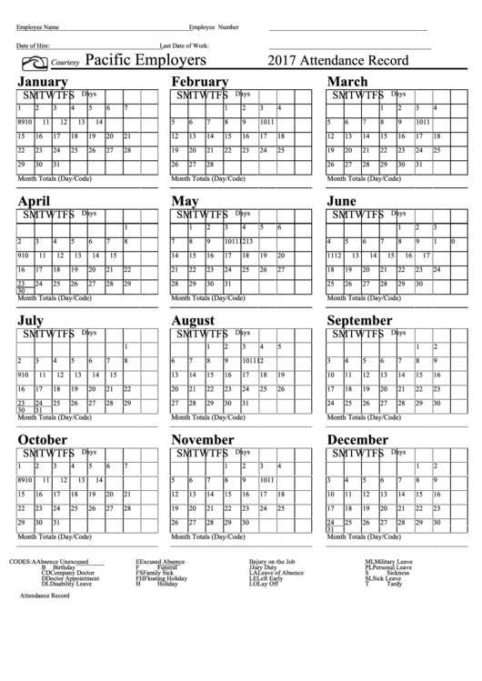 Attendance Record Calendar Template Pacific Employers 2017