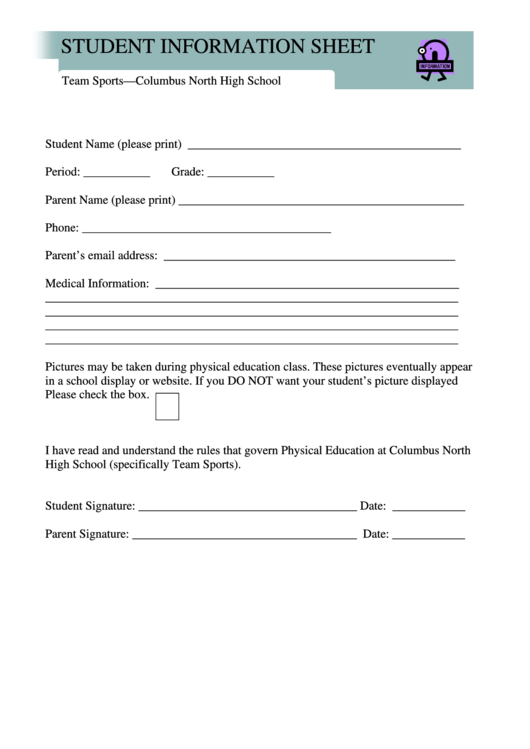 Student Information Sheet printable pdf download