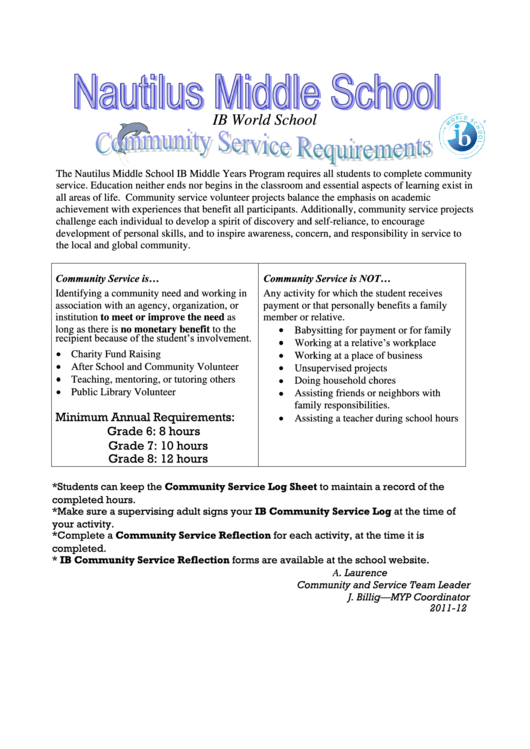 Nautilus Middle School Community Service Log Sheet printable pdf download