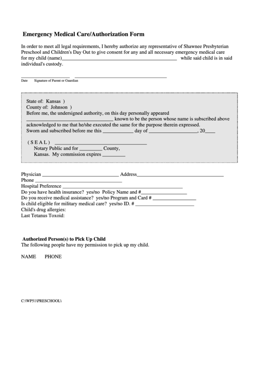 Emergency Medical Care Authorization Form printable pdf download