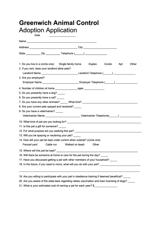 Dog Adoption Form Greenwich printable pdf download