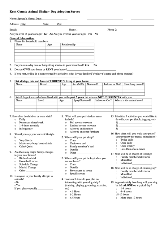 Kent County Animal Shelter Dog Adoption Survey printable pdf download