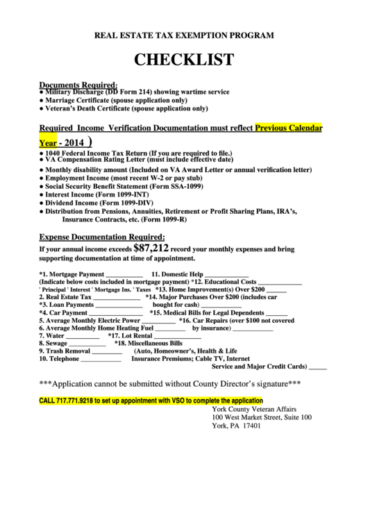 Real Estate Tax Exemption Checklist York County printable pdf download