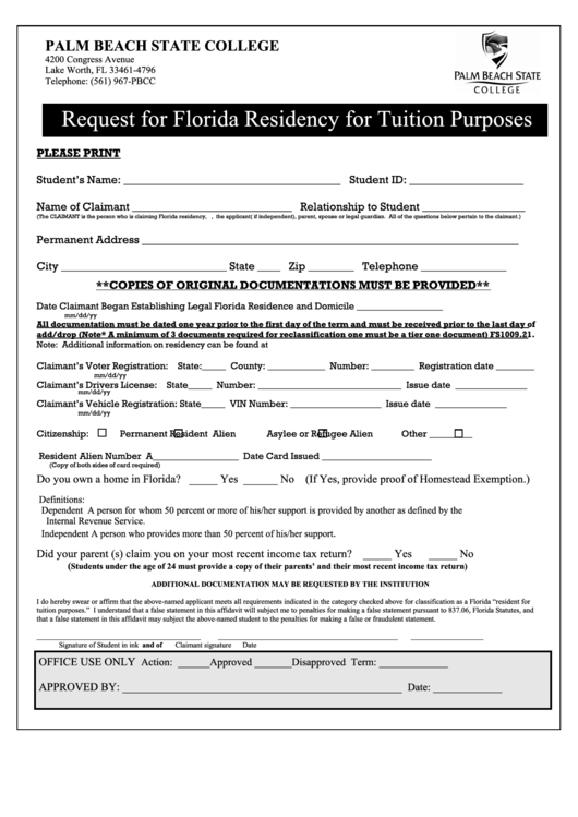 Request For Florida Residency For Tuition Purposes printable pdf download