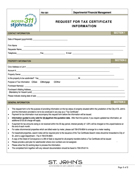 Fillable Request For Tax Certificate Information Access 311 City Of St