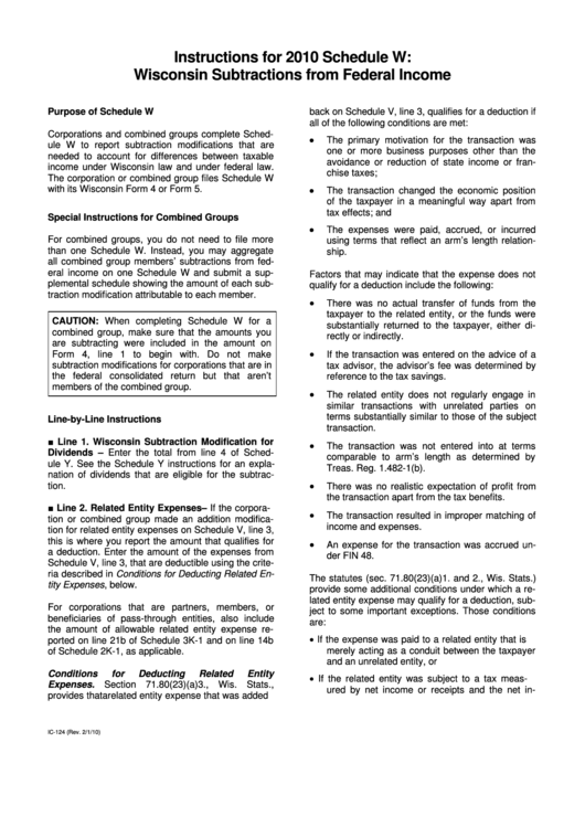 Instructions For 2010 Schedule W Wisconsin Subtractions From Federal