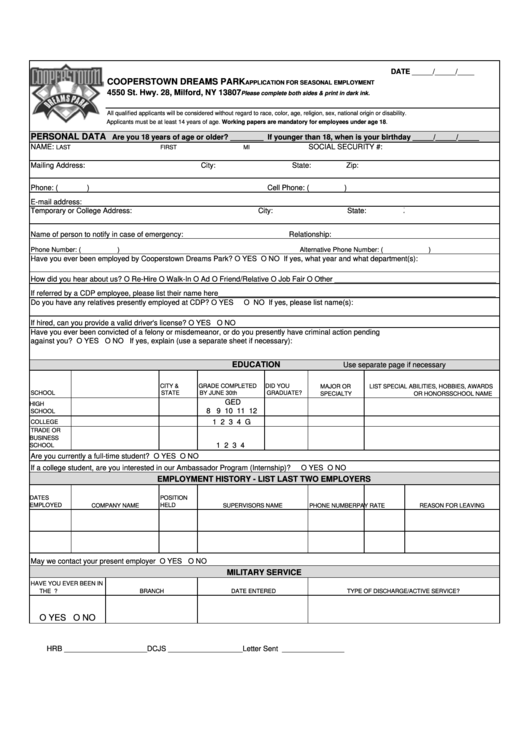 Cooperstown Dreams Park Application For Seasonal Employment printable