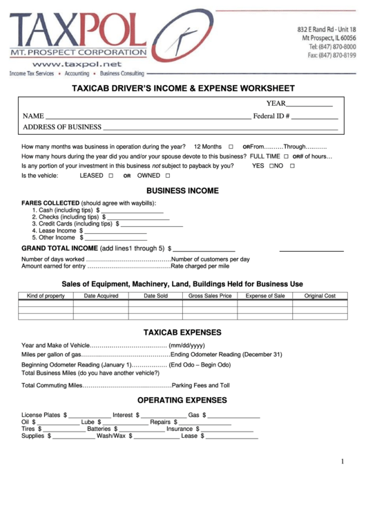 Taxicab Driver'S & Expense Worksheet printable pdf download