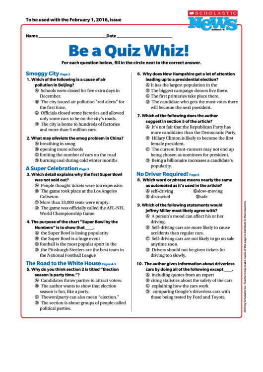 Be A Quiz Whiz printable pdf download