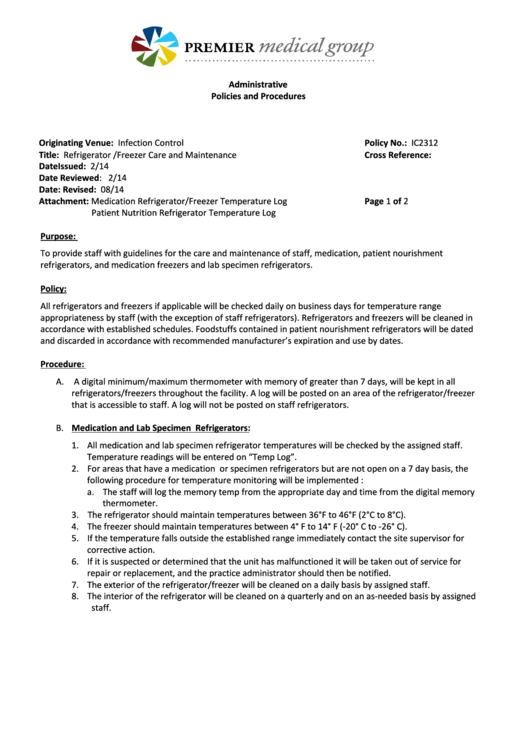 Refrigerator/freezer Temperature Log With Administrative Policies And