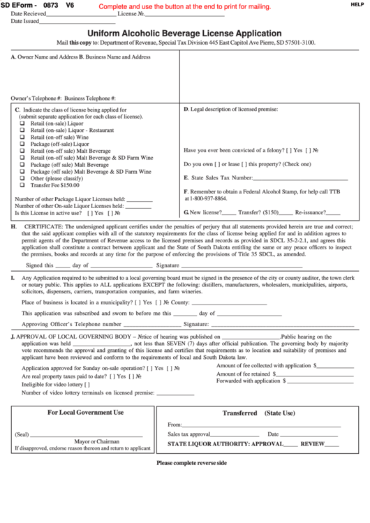 Fillable Sd Eform0873 Uniform Alcoholic Beverage License Application