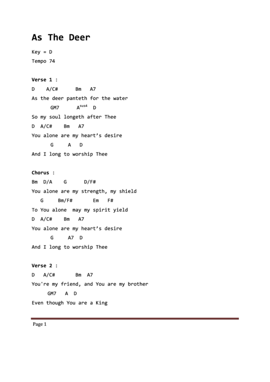 As The Deer (Key Of D) Sheet Music printable pdf download