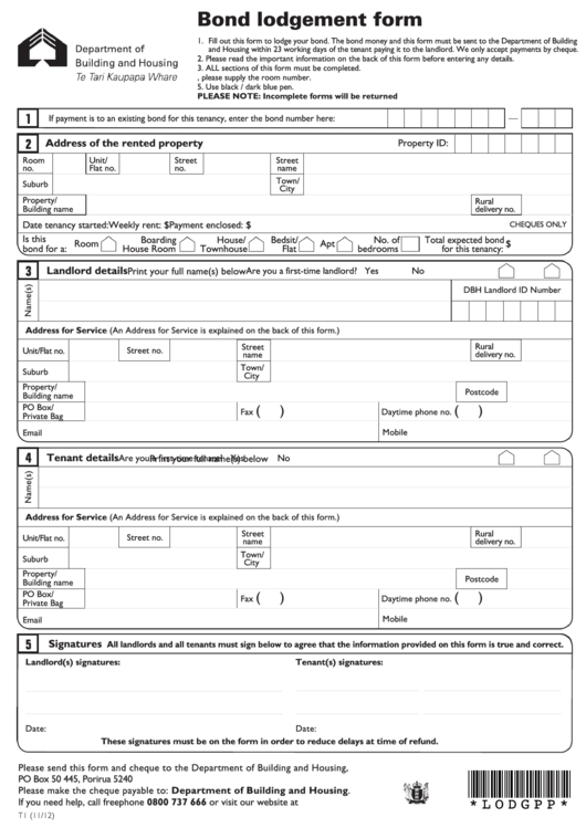 Bond Lodgement Form printable pdf download