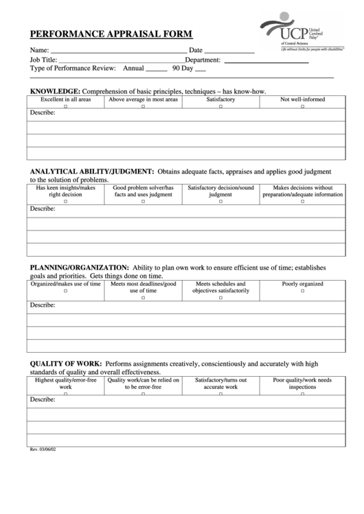 Performance Appraisal Form Ucp Of Central Arizona printable pdf download